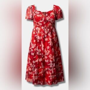Red Floral Tie-Front Midi Dress